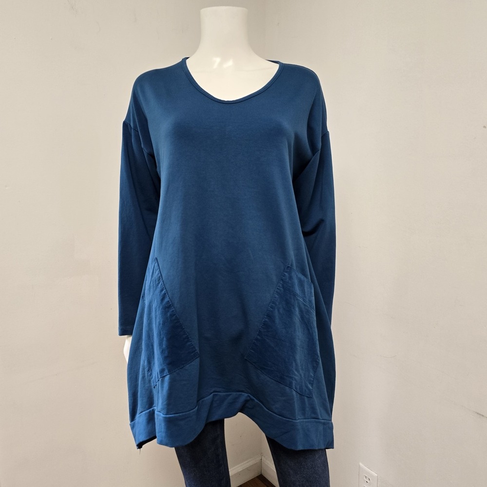 SAGA Made In Italy Jersey Cotton Top Lagenlook Long Sleeve Blue Womens One Size